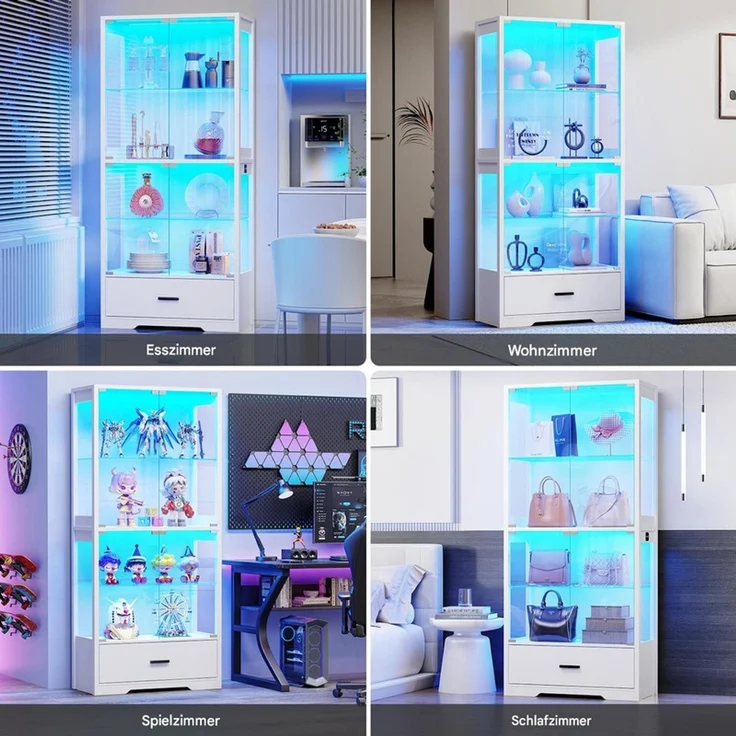 Glasvitrine 75x35x164.5 cm, 4-stöckige Vitrine mit Schublade, LED-Beleuchtung und Bewegungssensor, Weiß – Bild 5