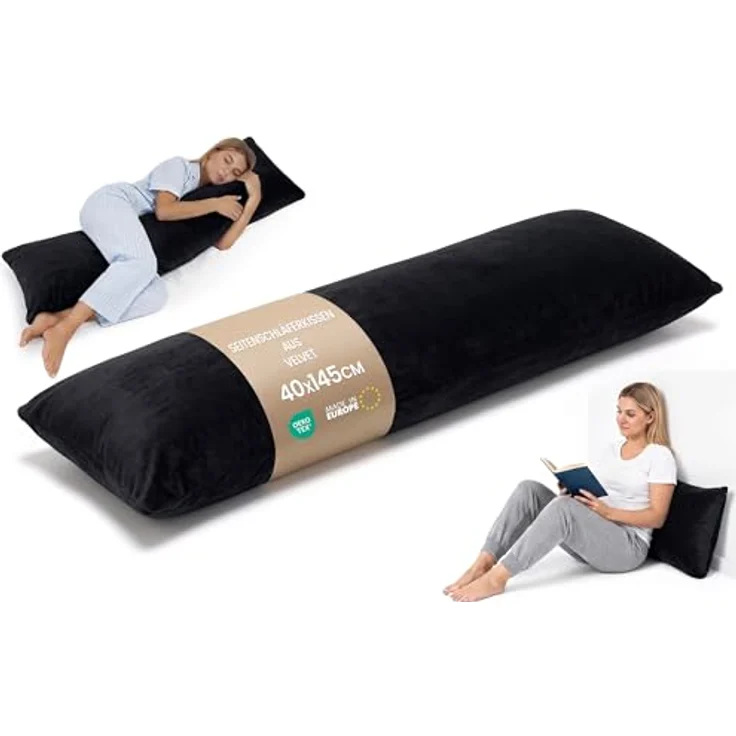 Totsy Baby Seitenschläferkissen mit Bezug Velvet 40x145 cm - Komfortkissen Schlafkissen Seitenschläfer Body Pillow Seitenschlafkissen Black – Bild 2