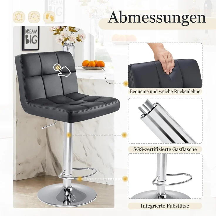 DUMOS barhocker 2er Set, moderner Stil barstuhl höhenverstellbar 60-80 cm, Metallbeine bar hocker, hocker küche, hoch barhocker mit lehne, geeignet für Bar, Küche und Wohnzimmer bar Stool (Schwarz) – Bild 5