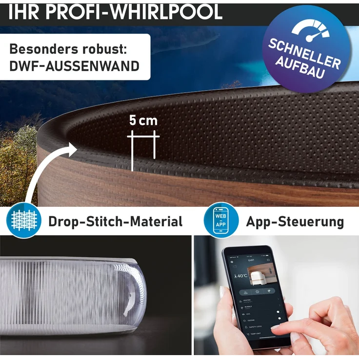BRAST Whirlpool aufblasbar MSpa Frame Duet Eco für 6 Personen Ø173x65cm 138 Massagedüsen in 3 Intensitäten In- Outdoor Pool Ganzjähriger Einsatz Winterfest einfache Steuerung per App – Bild 3