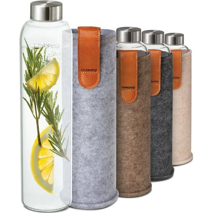 Cosumy Trinkflasche Trinkflasche aus Glas mit Filzbeutel 750ml - Spülmaschinenfest, Hellgrau - BPA-freie Wasserflasche - für Kohlensäure geeignet