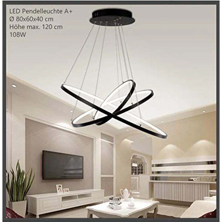 Eurotondisplay LED Pendelleuchte 2130Black, 3 Ringe 40*60*80cm, 108W mit Fernbedienung, dimmbar, schwarz – Bild 4
