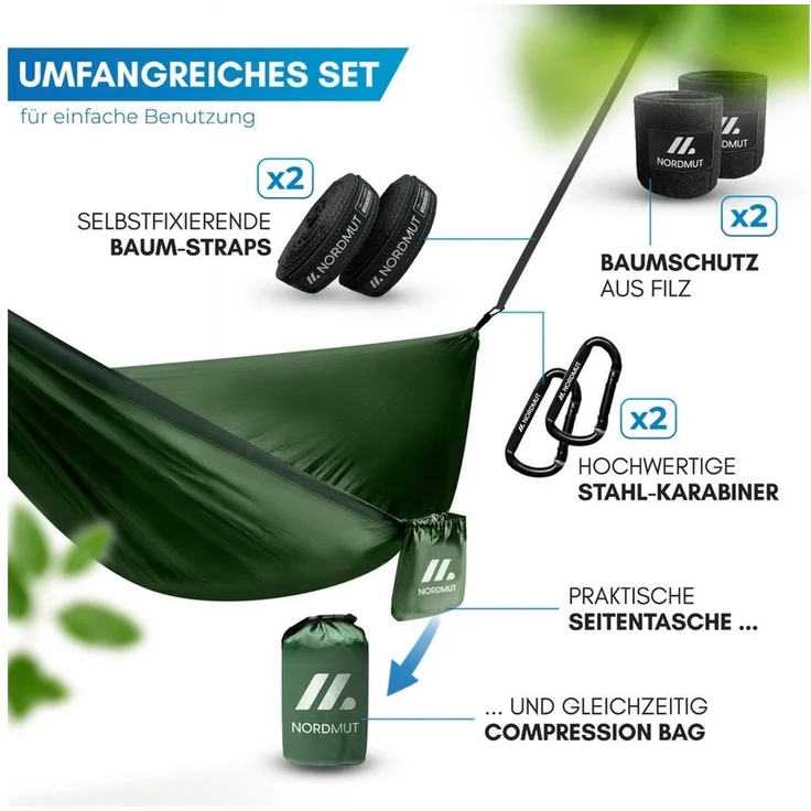 Nordmut Hängematte NORDMUT® Ultraleichte Hängematte Outdoor [mit Befestigungs-Set], extrem robust, kompakt, vielseitig einsetzbar – Bild 4