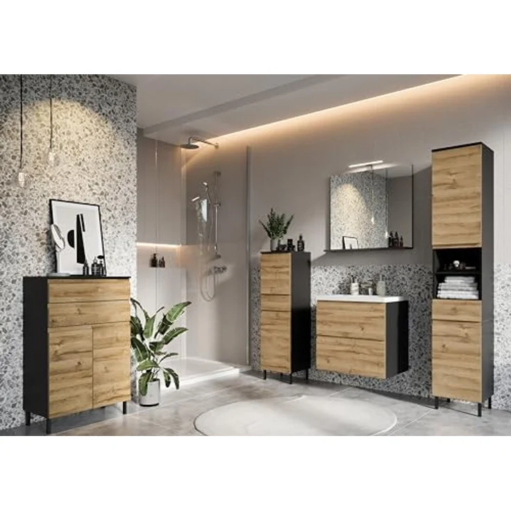 Germania Waschtisch mit Becken 9089-564 GW-Salinas, in Graphit/Grandson-Eiche-Nb, Selbsteinzug der Schubladen, 61 x 65 x 47 cm (BxHxT) – Bild 2