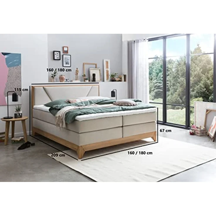Belanoti Boxspringbett Riviera (Boxspringbett 180x200 Eiche 7-Zonen Taschenfederkern Matratze inkl, Visco Topper Bett 180x200 in der Farbe Beige H2/H3 Polsterbett), Hotelbett mit Massivholz Eiche Massivholzbett – Bild 3