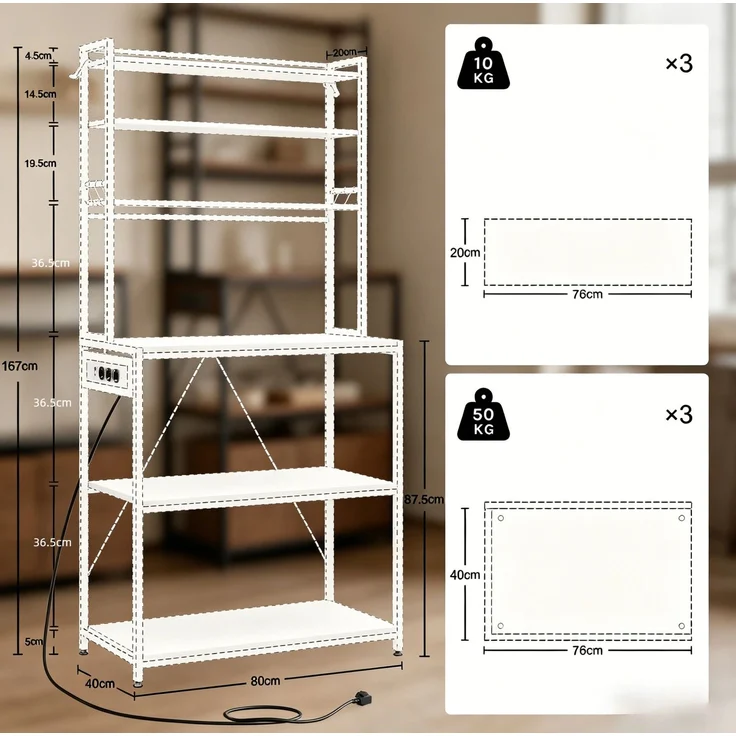 DESVIAE Regal mit Steckdosen und 6 offenen Fächern 80x167x40 cm Metall Spanplatte Lichteiche Helle Eiche – Bild 7