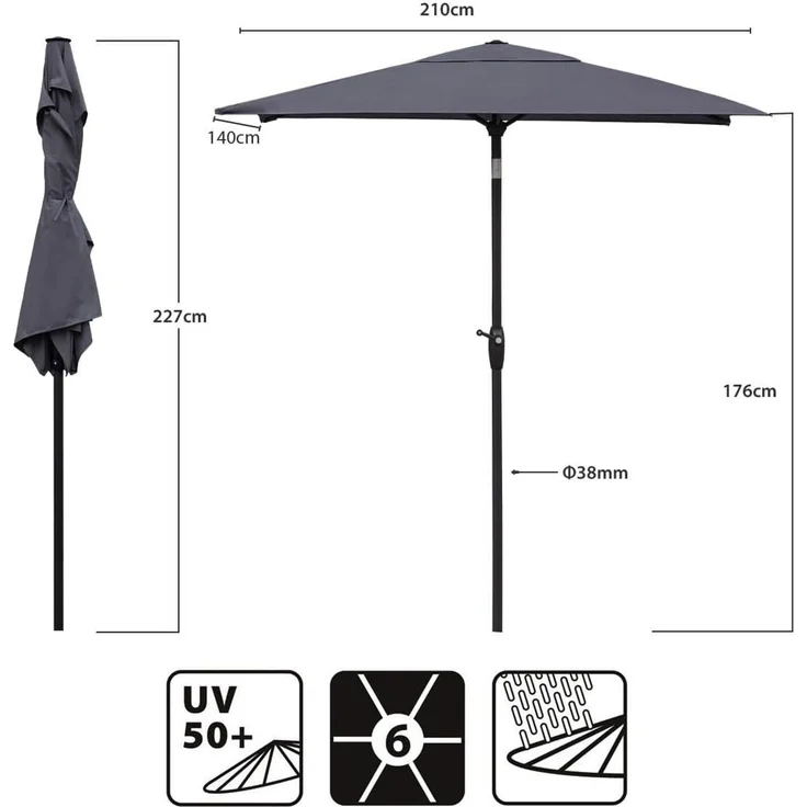 Sekey Sonnenschirm mit Kurbel und UV50+, knickbar, Aluminium grau, 210 × 140 cm – Bild 3