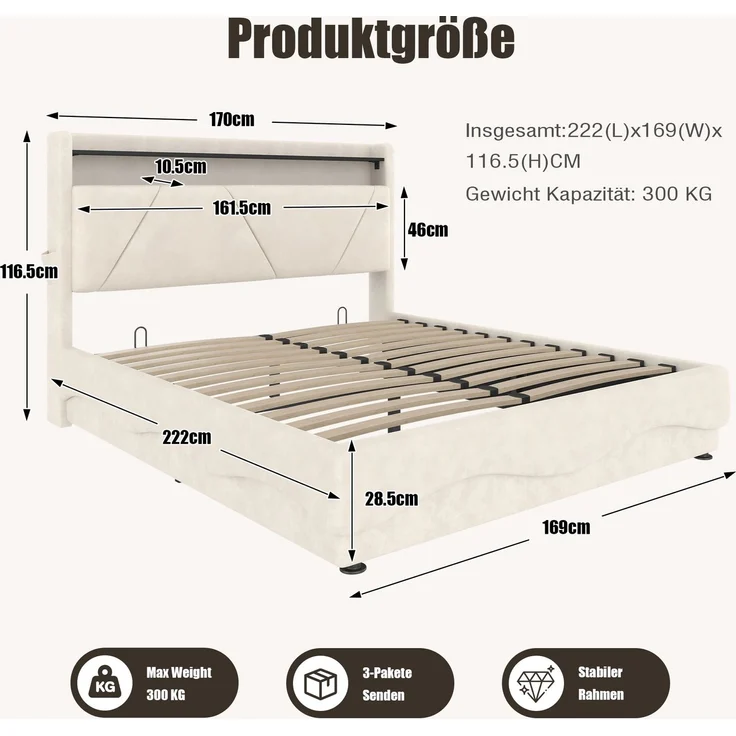 Polsterbett, Samt mit LED & Stauraum, 160x200 cm, Beige, ohne Matratze – Bild 10