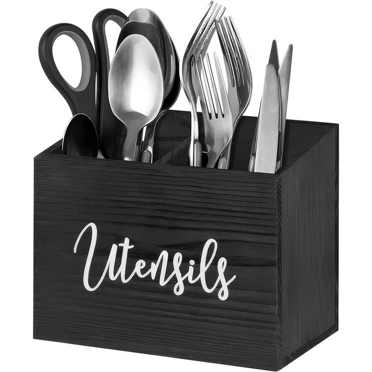 BlingBin Besteckhalter Utensilienhalter aus Holz, küchenutensilienhalter Utensilien-Organizer, (1er Set, 1-tlg, Holz-Utensilienbehälter mit 3 Fächern, 25,4 x 11,5 x 8,6 cm), Aufbewahrungsbehälter, Besteckhalter, für Messer, Gabel und Löffel