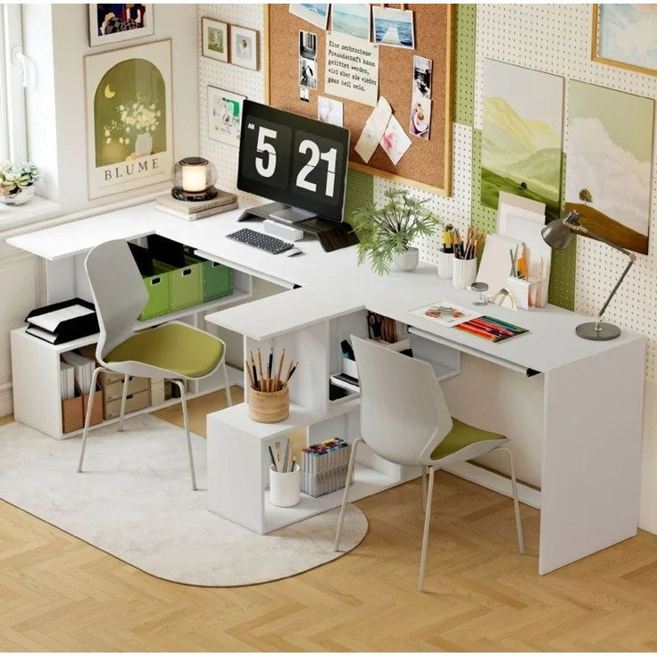 Eckschreibtisch mit Tastaturauszug und 4 Ablagefächern, 120x100x76 cm, Weiß – Bild 3