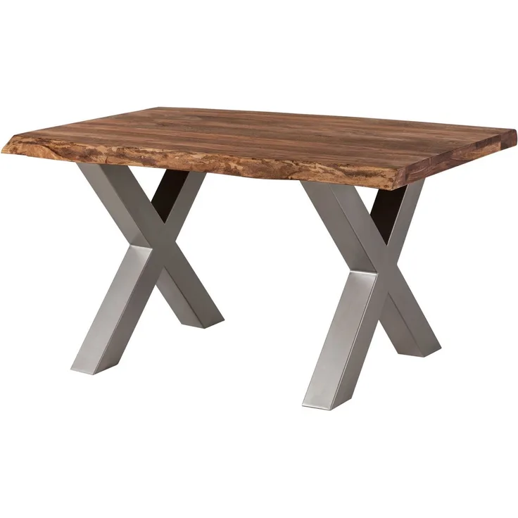 Baumtisch Sheesham 160x90x77 grau gebeizt / X-Beine silber matt FREEFORM 5