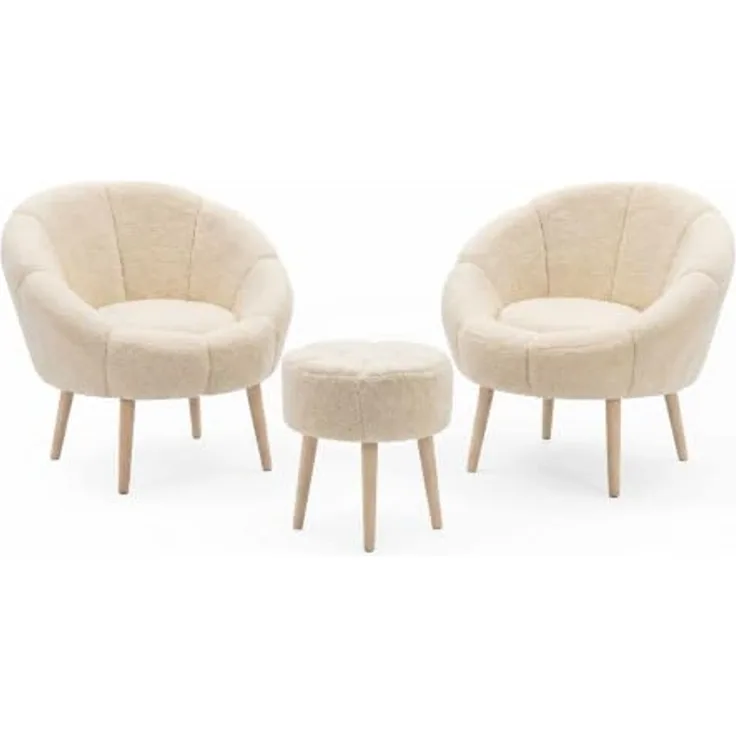 Hanah Home Elegantes Ohrensessel- und Pouf-Set (3-teilig), Creme, 100% Wellssoft-Stoff, 18 mm Melaminplatte | Perfekt für gemütliche Wohnräume