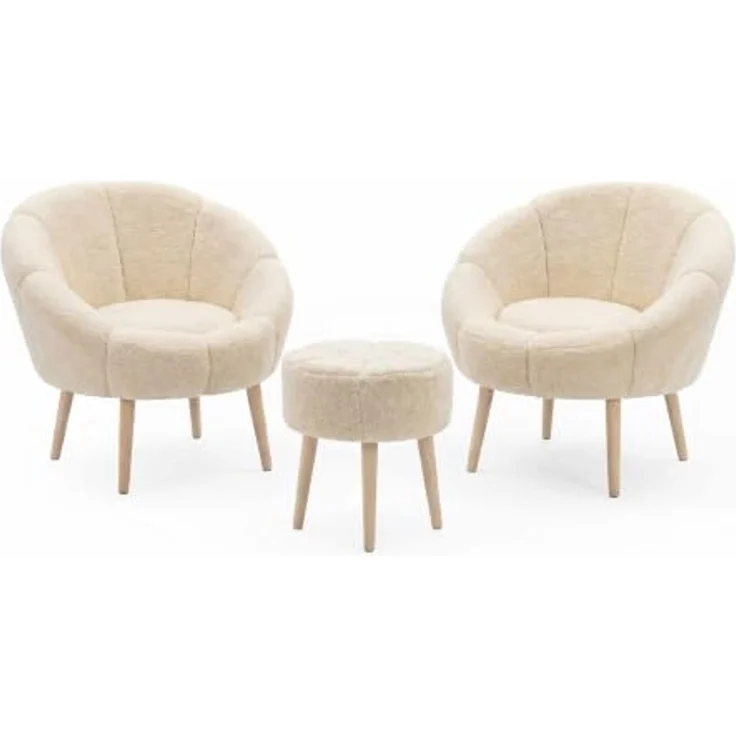 Hanah Home Elegantes Ohrensessel- und Pouf-Set (3-teilig), Creme, 100% Wellssoft-Stoff, 18 mm Melaminplatte | Perfekt für gemütliche Wohnräume – Bild 1