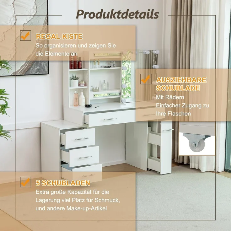 Thanaddo Schminktisch Schminktisch mit Schiebespiegel, 5 Schubladen und offenen Regalen (1 x Schminktisch, 1 x Hocker, 1 x Anleitung), 5 Schubladen, 4 offene Regale, großes Fassungsvermögen – Bild 7
