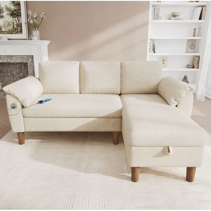 Ecksofa 181x125x88 cm in Beige mit Stauraum-Chaiselongue, USB-Anschluss und Taschenfederkern – Bild 3