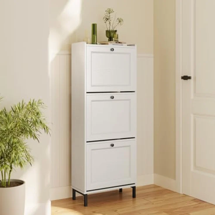 Bealife Schuhregal mit 3 Klapptüren, doppelte Tiefe, schmaler Organizer für den Eingang, 50 x 118 x 24 cm, für Flur, Schlafzimmer (weiß) – Bild 8