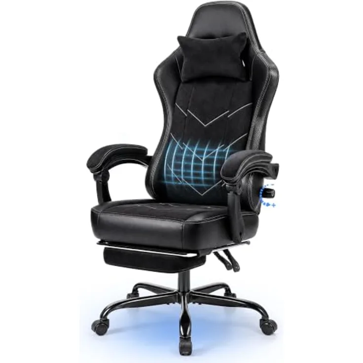 JUMMICO Gaming Stuhl Stoff Ergonomisch für Langzeitkomfort, Bürostuhl mit Fußstütze & Dynamischer Lordosenstütze, Atmungsaktiver Schreibtischstuhl für Gaming & Homeoffice, 150kg, Schwarz