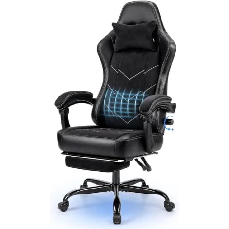 JUMMICO Gaming Stuhl Stoff Ergonomisch für Langzeitkomfort, Bürostuhl mit Fußstütze & Dynamischer Lordosenstütze, Atmungsaktiver Schreibtischstuhl für Gaming & Homeoffice, 150kg, Schwarz – Bild 1