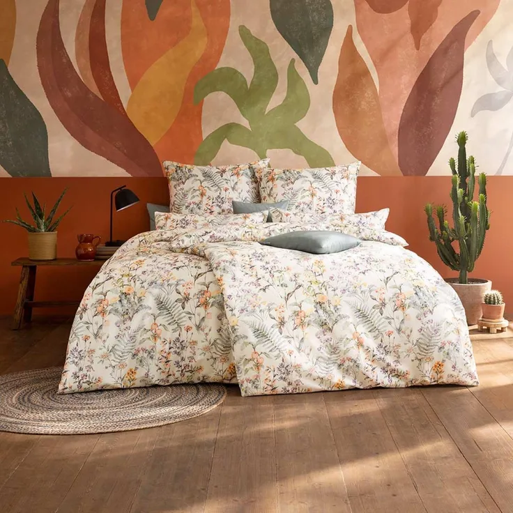 Estella Mako-Satin Bettwäsche 135x200 Cordula apricot Blumenwiese 7673-450