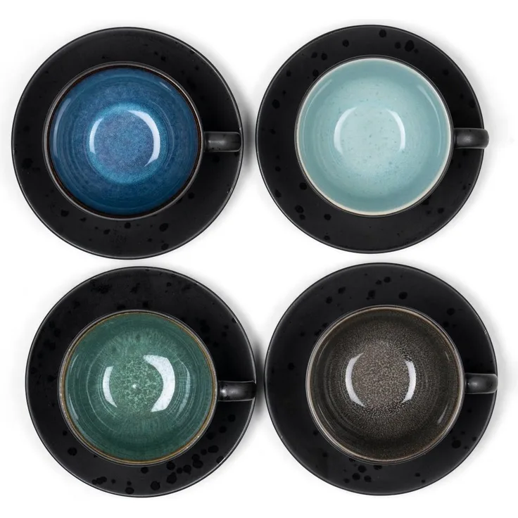 Bitz Geschirr-Set Tasse mit Untertasse black/dark blue 0,24 l Set4, Steinzeug, Tasse mit Untere-Set 24 cl 4 Stck Steinzeug Schwarz/Dunkelbl