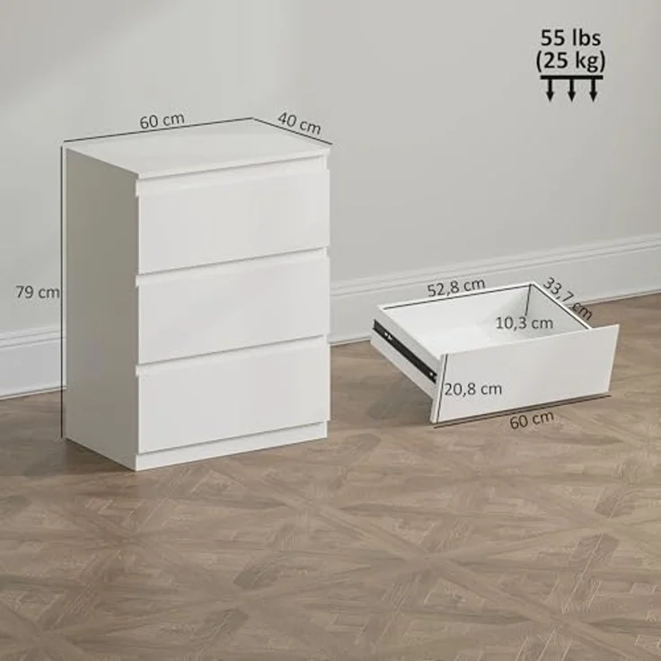 HOMCOM Kommode mit 3 Schubladen (Schubladenschrank, 1 St, Sideboard), für Wohnzimmer, Schlafzimmer, Weiß – Bild 3