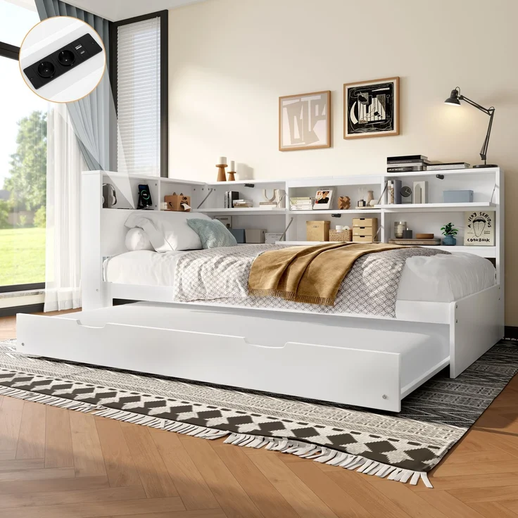 EINHOM Daybett, Schlafsofa, 90 x 200 cm, Kopfteil mit Staufach, Ausziehbares Bett, Weiß, (Ohne Matratze) – Bild 1