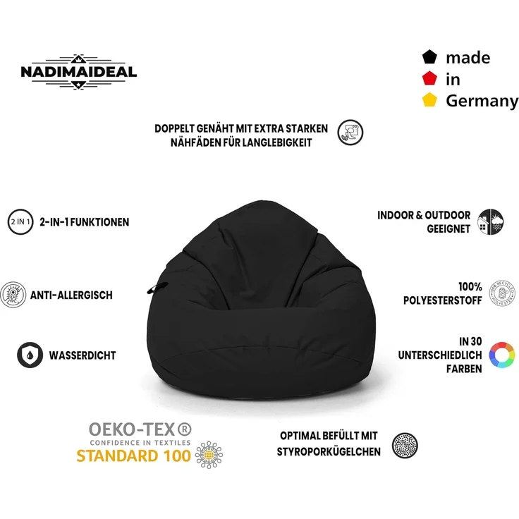 Nadimaideal Sitzsack Tropfenform Kastanie | Bodenkissen für Kinder & Erwachsene | Indoor & Outdoor | Gaming Sitzsack - Sitzkissen - Beanbag | Füllung EPS Perlen (Schwarz, XXL-Durchmesser 88 cm) – Bild 3