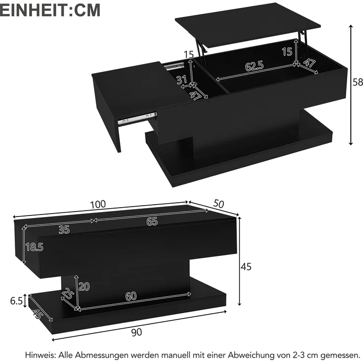 Couchtisch, mit hydraulischem Höhenverstell-System, Stauraum & LED-Beleuchtung, 100x50x45 cm, Schwarz – Bild 10