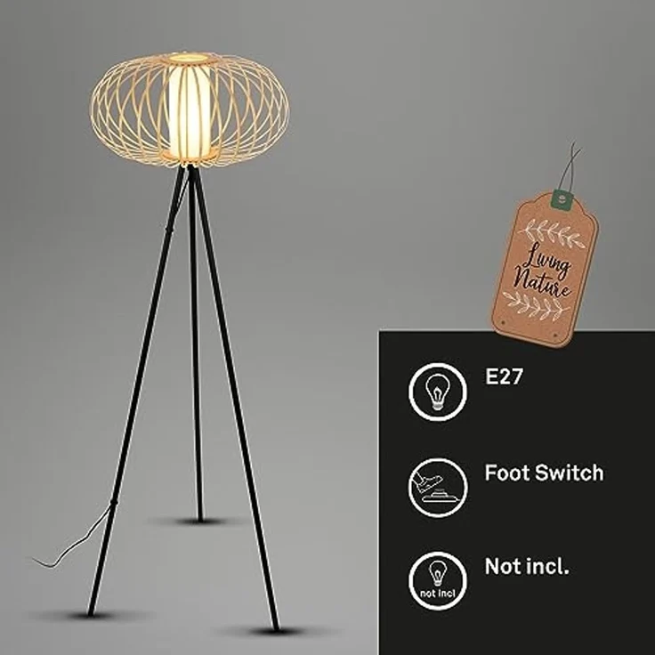 BRILONER – Stehlampe für das Wohnzimmer, Leselampe, Wohnzimmer, Wohnzimmerlampe, Stehlampe Holz, Boho, Schlafzimmer Deko, Stehleuchte, E27 Fassung, Schwarz-Holz – Bild 2