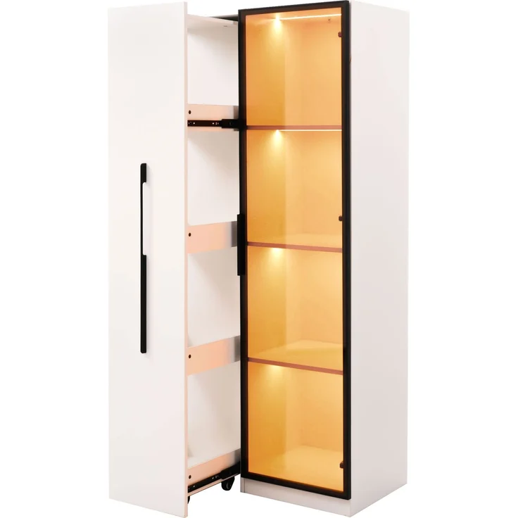 ZUBALIYA Multifunktionsschrank 160 cm hoch – Bücherregal und Vitrine mit Türen aus gehärtetem Glas, Türrahmen aus Aluminium, 1 Tür, 1 seitliche Schublade, mit Rollen und LED-Beleuchtung – Vitrine, Esszimmersch – Bild 13