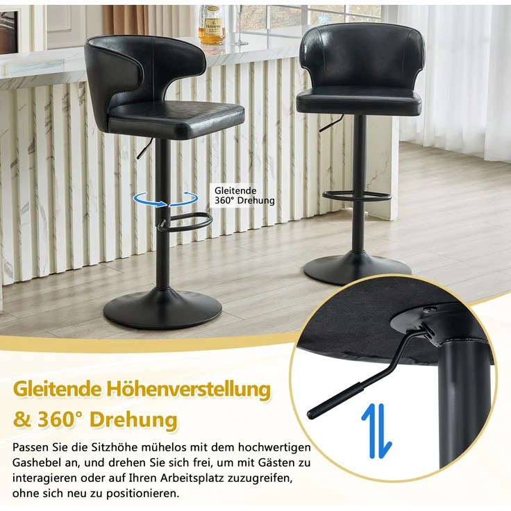 2er Set Barhocker mit Lehne Höhenverstellbar, 360° Drehbar Barstuhl mit Großem Sockel & Fußstütze, Modern Küchenhocker für Bar Küche Theke (Nur Stühle)--Schwarz3--49.7x45x110cm--YOUDENOVA – Bild 5