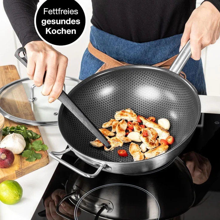 Moritz & Moritz Wok Wokpfanne 30cm mit Deckel, Edelstahl (Set), Antihaft – Bild 5