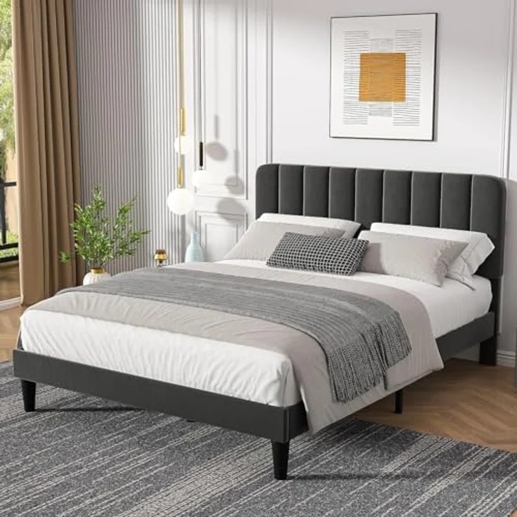 VECELO Polsterbett 140x200 cm Doppelbett mit höhenverstellbarem Samt-Kopfteil, Stabiler Bettrahmen mit Lattenrost, modernes Bettgestell für Schlafzimmer und Jugendzimmer, Grau – Bild 7