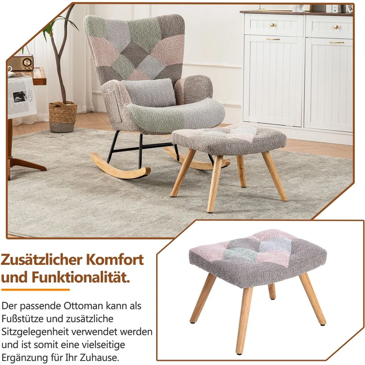 Merax Bequemer bunter Schaukelstuhl, inklusive 1 Fußstütze (49*38*37 cm) und 1 Lendenkissen, stabiles Gestell aus Gummibaumholz, mehrfarbiges Design, Loungesessel – Bild 7