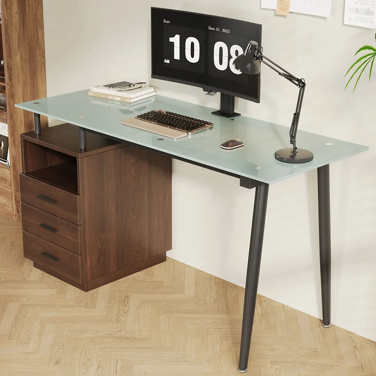 Abrihome Schreibtisch mit Glasplatte und 3 Schubladen, Braun, 75x50x130 cm – Bild 5