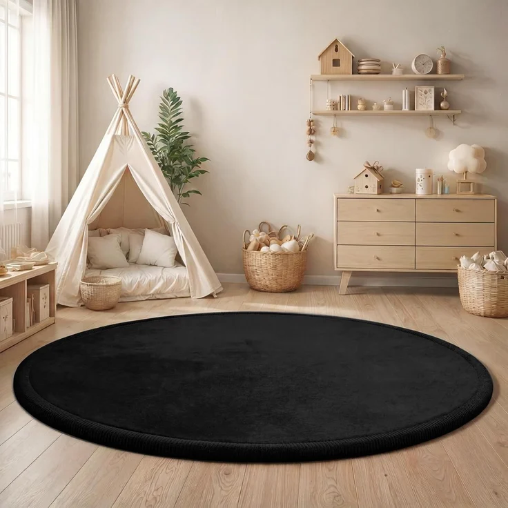 Paco Home Teppich Kinderzimmer Kinderteppich Baby Spielteppich Krabbeldecke Krabbelmatte Weich rutschfest Jungen Mädchen Deko, Grösse:120 cm Rund, Farbe:Schwarz – Bild 1