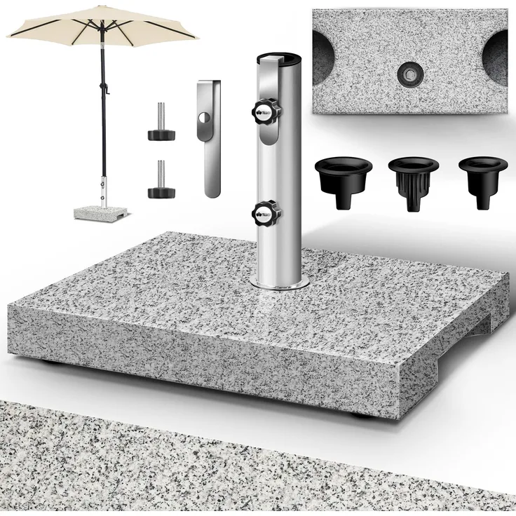 tillvex® Granit Sonnenschirmständer mit Transportgriff Grau - 27 kg Rechteckig | Schirmständer Sonnenschirm mit Edelstahlrohr | Balkonschirmständer für Schirmstöcke 16-48 mm & 300 cm Schirmdurchmesser