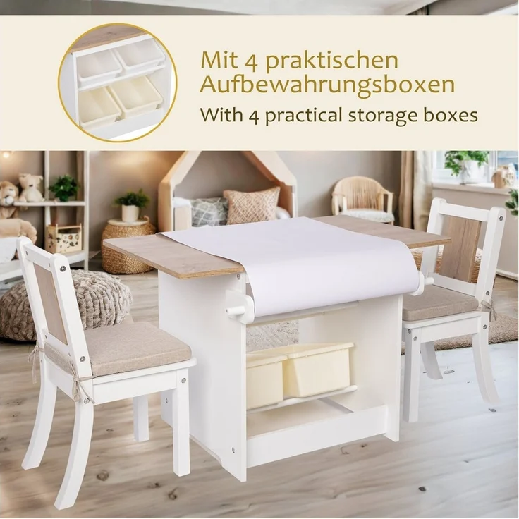 ONVAYA Kindertisch-Set mit Stühlen, mit Stauraum, Holz weiß – Bild 2