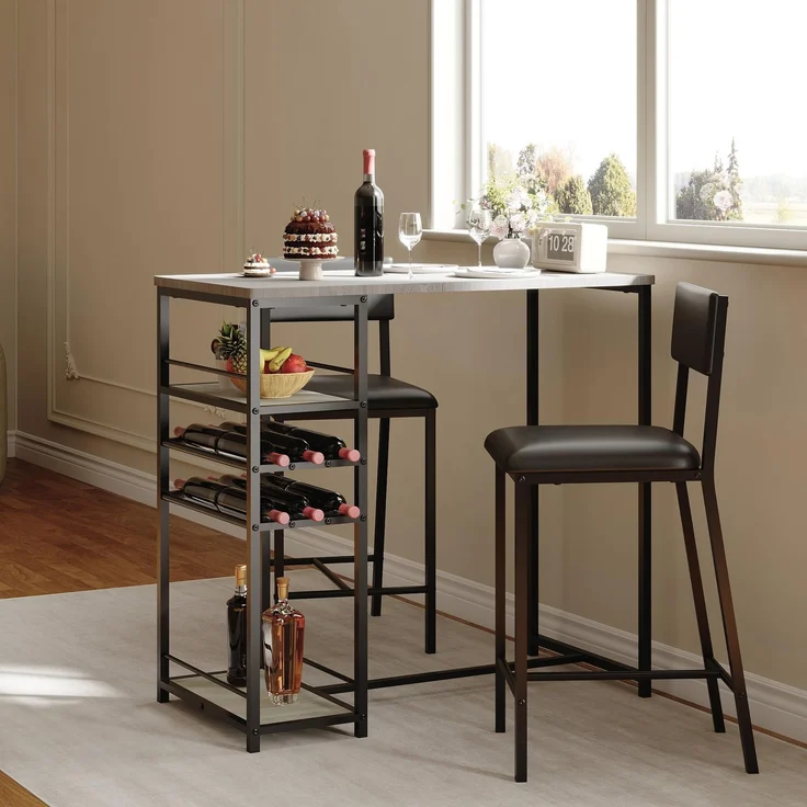 IDEALHOUSE Platzsparendes 3-teiliges Essgruppe-Set für 2 Personen – Polsterstühle, 4 offene Regalfächer, integriertes Weinregal & Becherhalter – Für kleine Küchen, Frühstücksbar oder Apartments, Grau
