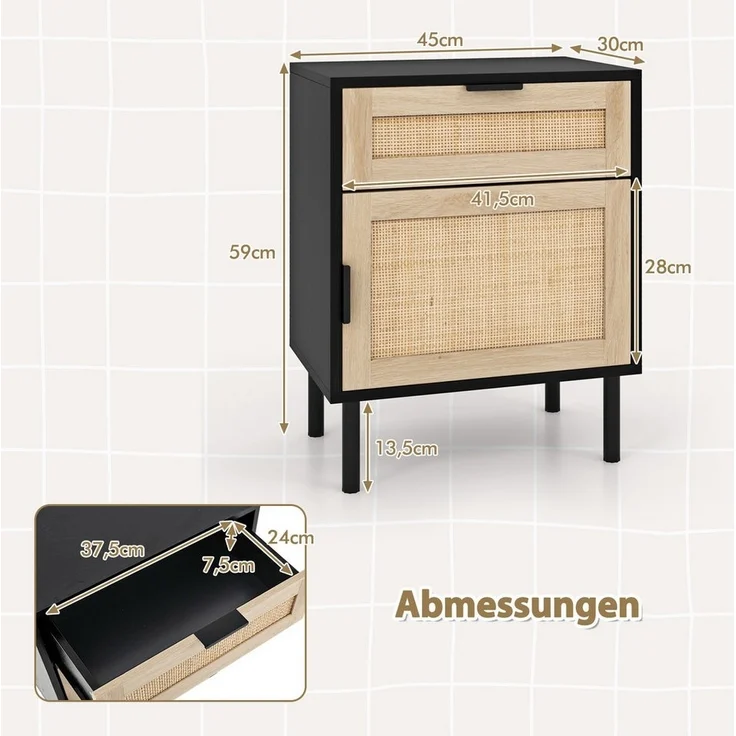 COSTWAY Nachttisch (2-St), Rattan Beistelltisch, Sofatisch, mit Schublade & Schrank – Bild 2