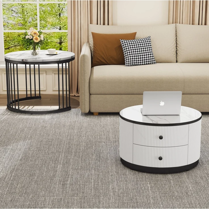 2er Couchtisch Set rund in Weiß, Wohnzimmertisch mit Marmoroptik Hochglanz, Beistelltisch mit Schubladen, modernes Tischset MDF – Bild 4