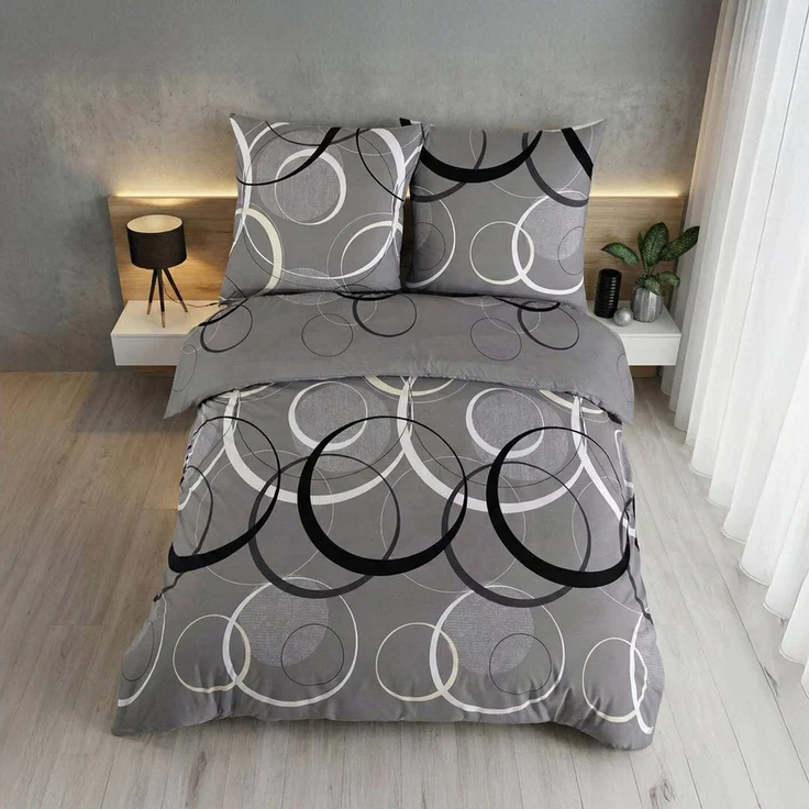 Buymax Bettwäsche Wave, Bettgarnitur, Bettbezug Set, Renforcé: 100% Baumwolle, 2 teilig, mit Reißverschluss, gemustert, Kreise, Grau, Schwarz, 135x200 cm – Bild 3