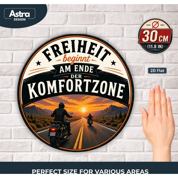 AstraDesign Blechschild Rund 30cm - Freiheit beginnt am Ende der Komfortzone Motorrad – Metall – Mehrfarbig – RD0008 – Bild 2