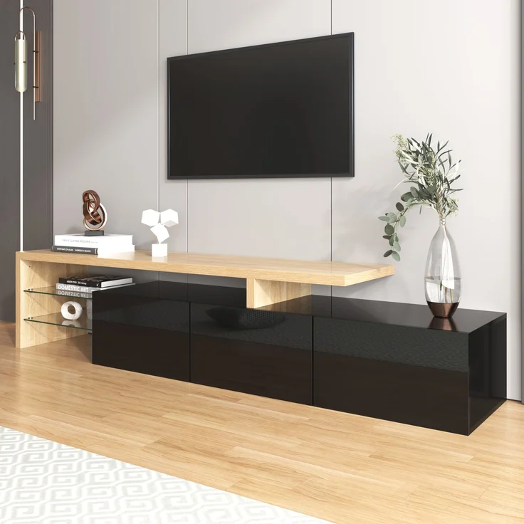 TV-Lowboard 197.5 cm mit LED-Beleuchtung, Glasböden & 3 Schränken, modernes Schwarz-Holz Design für Wohnzimmer – Bild 6
