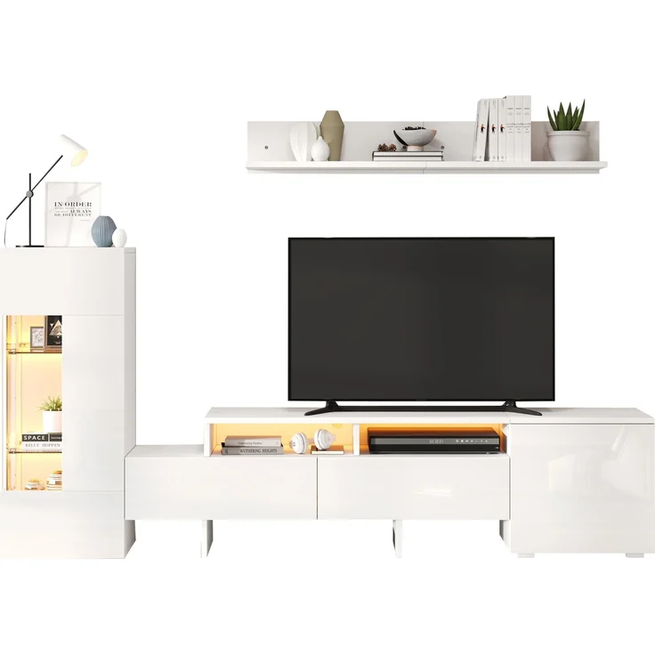 DESVIAE TV-Schrank-Set 3-tlg. mit LED-Beleuchtung 170x35x45 cm Spanplatte Weiß – Bild 7