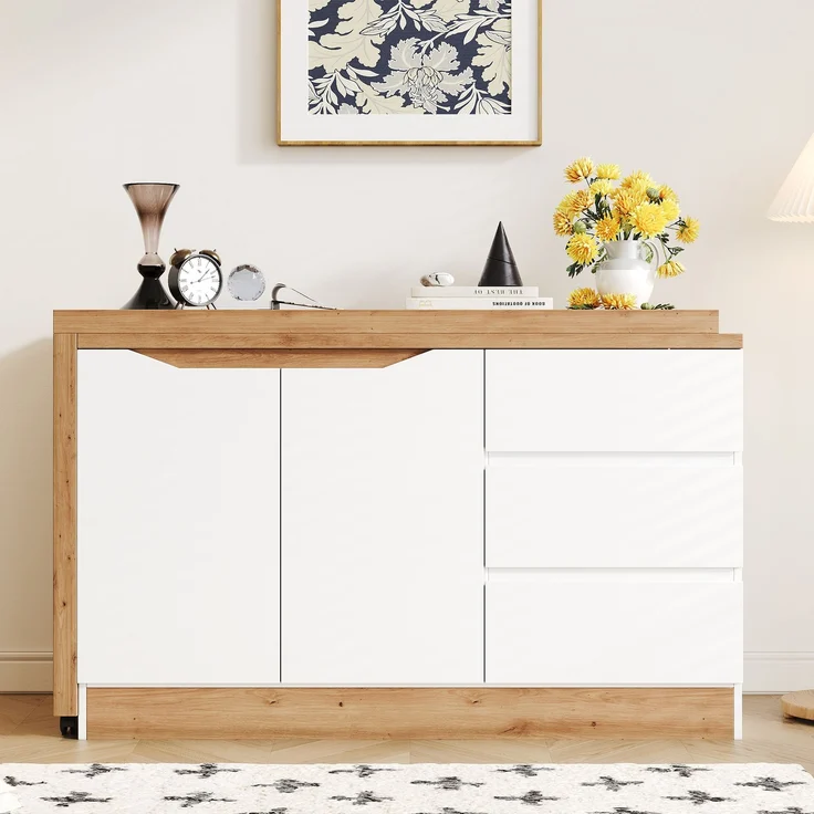 ZUBALIYA Schreibtisch mit feststellbaren Rollen – multifunktionales Design, 4 cm dickere, drehbare Tischplatte, fest arretierbar, weiß/Eiche, Faltbarer Schreibtisch, Eckschreibtisch, Sideboard,Dicke Materialie – Modell N880P4642134O – Bild 5