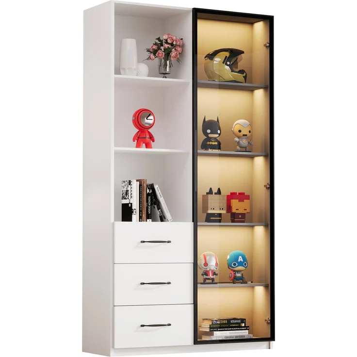 LED-Vitrine 80 x 40 x 160 cm aus Spanplatte mit Sicherheitsglastür, 3 Schubladen und 7-Farben-LED – Bild 6