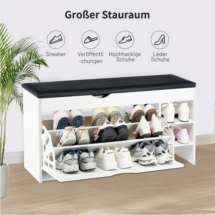 oyajia Schuhbank Sitzbank mit Stauraum, 2 offene Fächer, bis 140kg belastbar (1 Tür und 2 Fächer, mit Sitzkissen, Platz Hausschuhe, Lederschuhe, High Heels, Sportschuhe), Bietet Platz für 11 Paar Schuhe, 100 cm, Tragkraft 140 kg – Bild 3