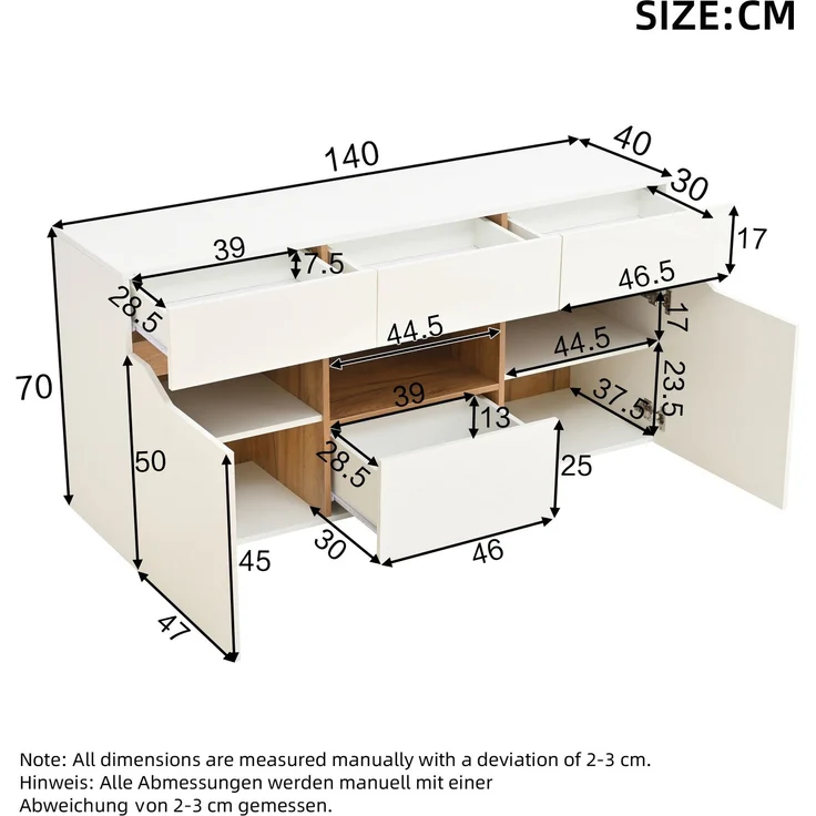 DESVIAE Sideboard mit LED-Beleuchtung und 4 Schubladen 140x70x40 cm Spanplatte Weiß/Naturholz – Bild 10