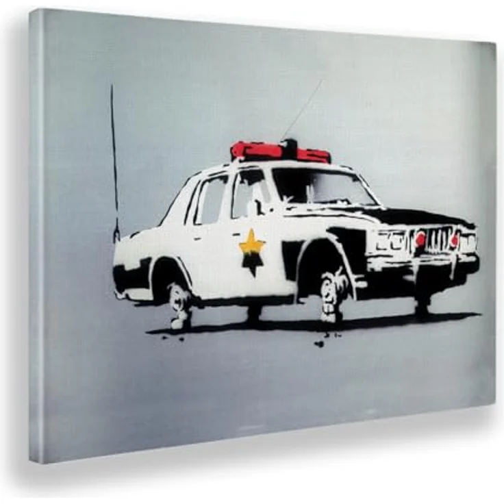 Giallobus Banksy Polizeiauto Gemälde auf Leinwand mit Standardrahmen, 70x50 cm, bereit zum Aufhängen, hochauflösender Druck, 100% made in Italy – Bild 2